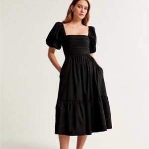 Abercrombie & Fitch Ruched Puff Sleeve Poplin Midi Dress